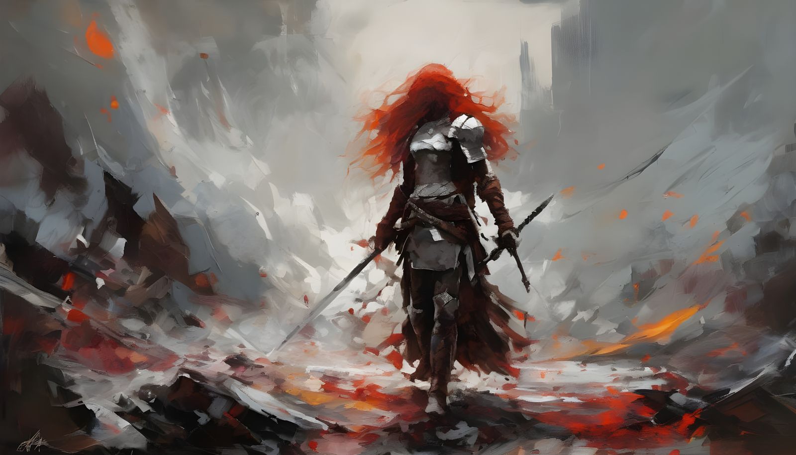 Impasto Painting of Red Sonja on Fiery Battlefield