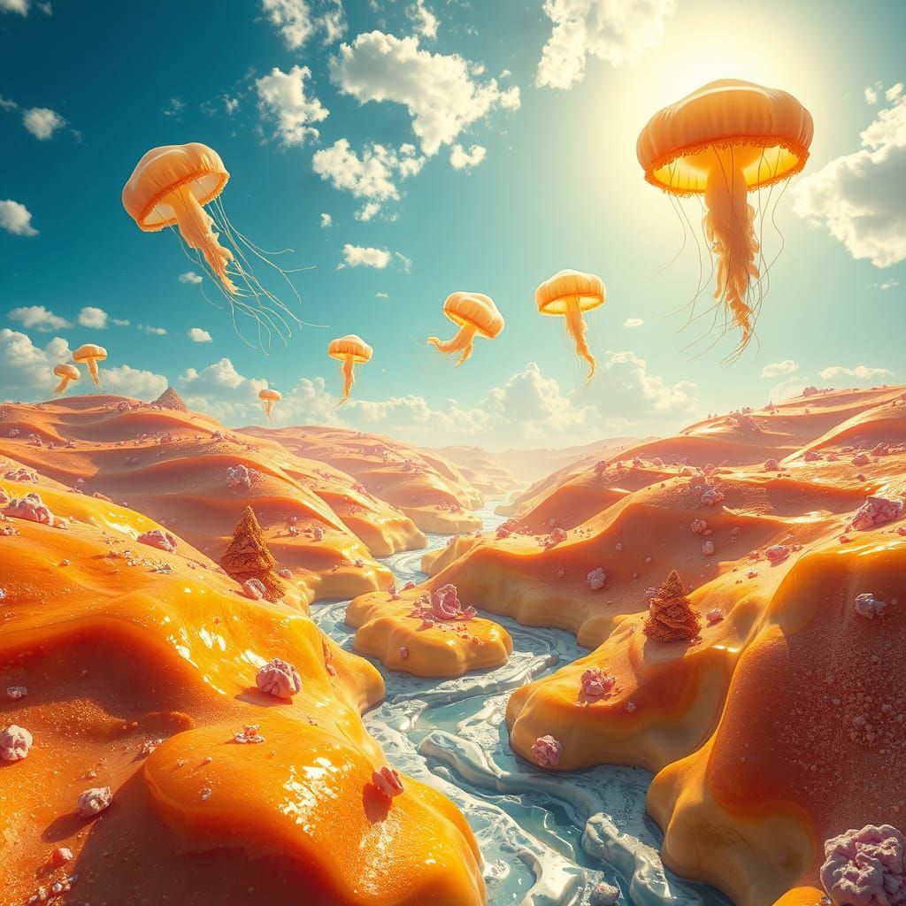 Whimsical Futuristic Landscape of Honey Rivers and Ice Cream...