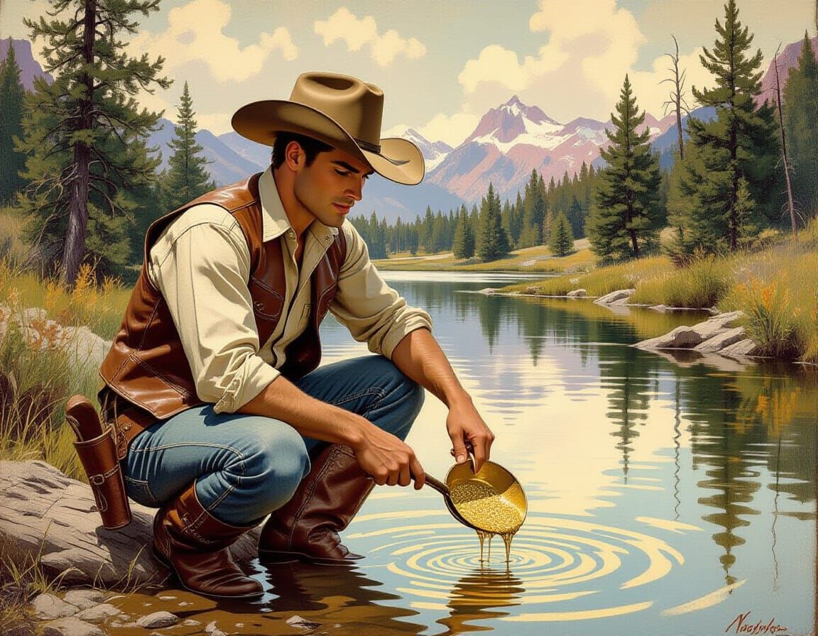 Cowboy Panning for Gold in Classic Illustration Style
