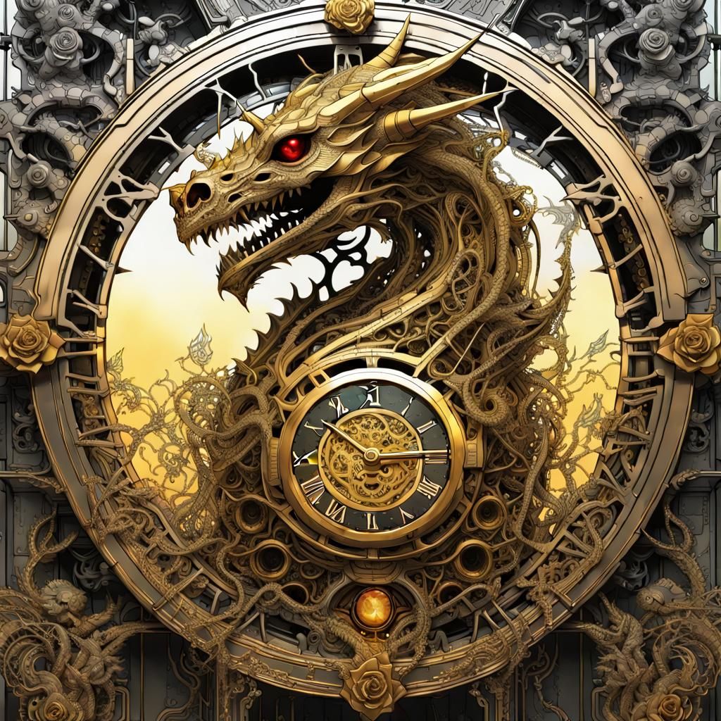 "octane golden render line art of a neon  cybernetic dragon coiling around an ancient, weathered clock tower., intricate...