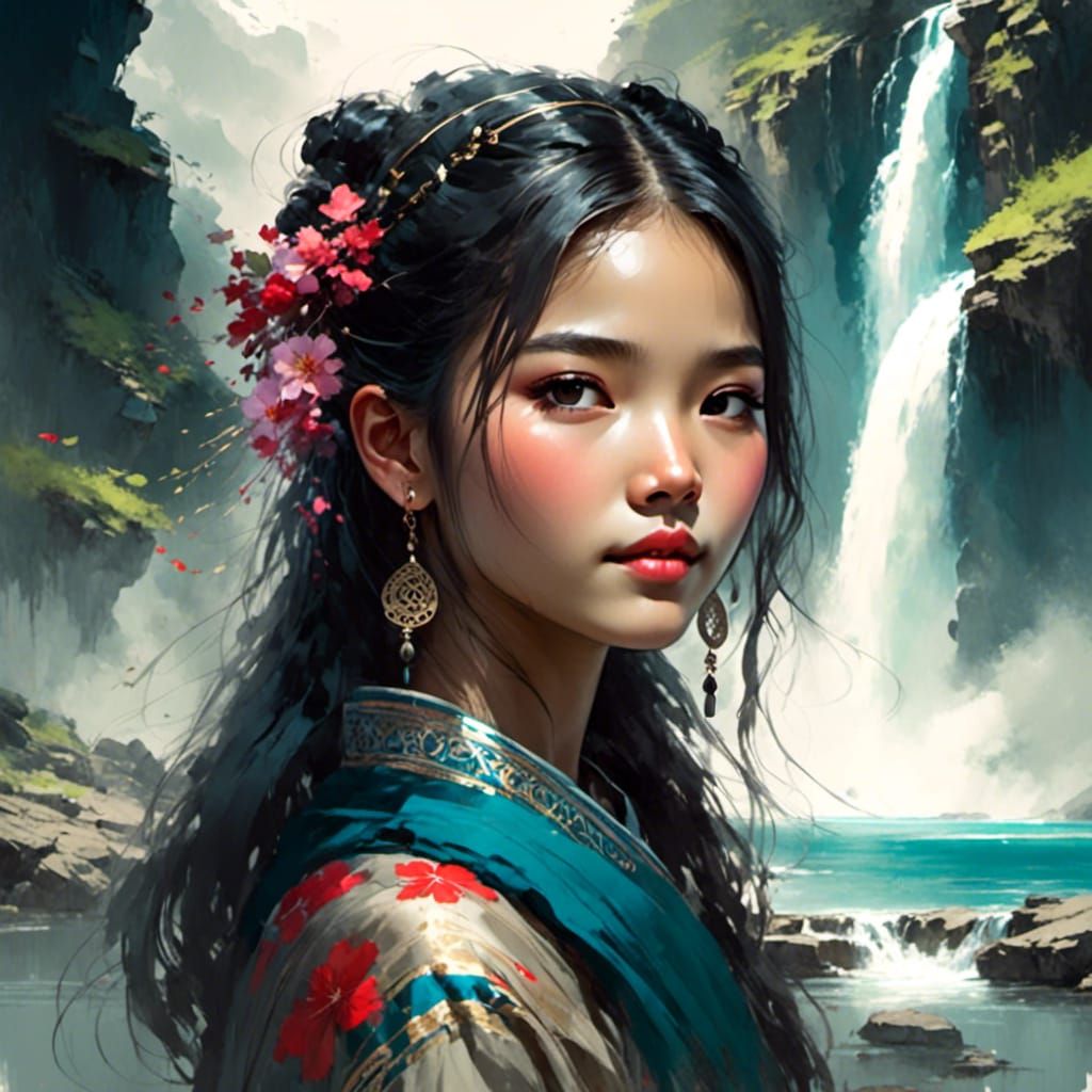 Beautiful Miao Girl Portrait with Waterfall in Ink Sketch