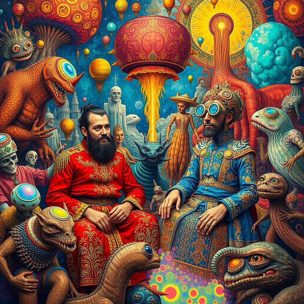 Surreal Utopia with Ornate Figures and Space Creatures