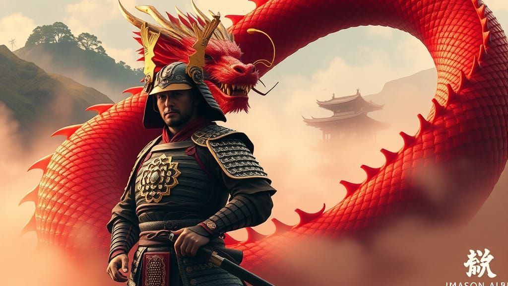 Regal Samurai Surrounded by Majestic Red Dragon in Japanese....