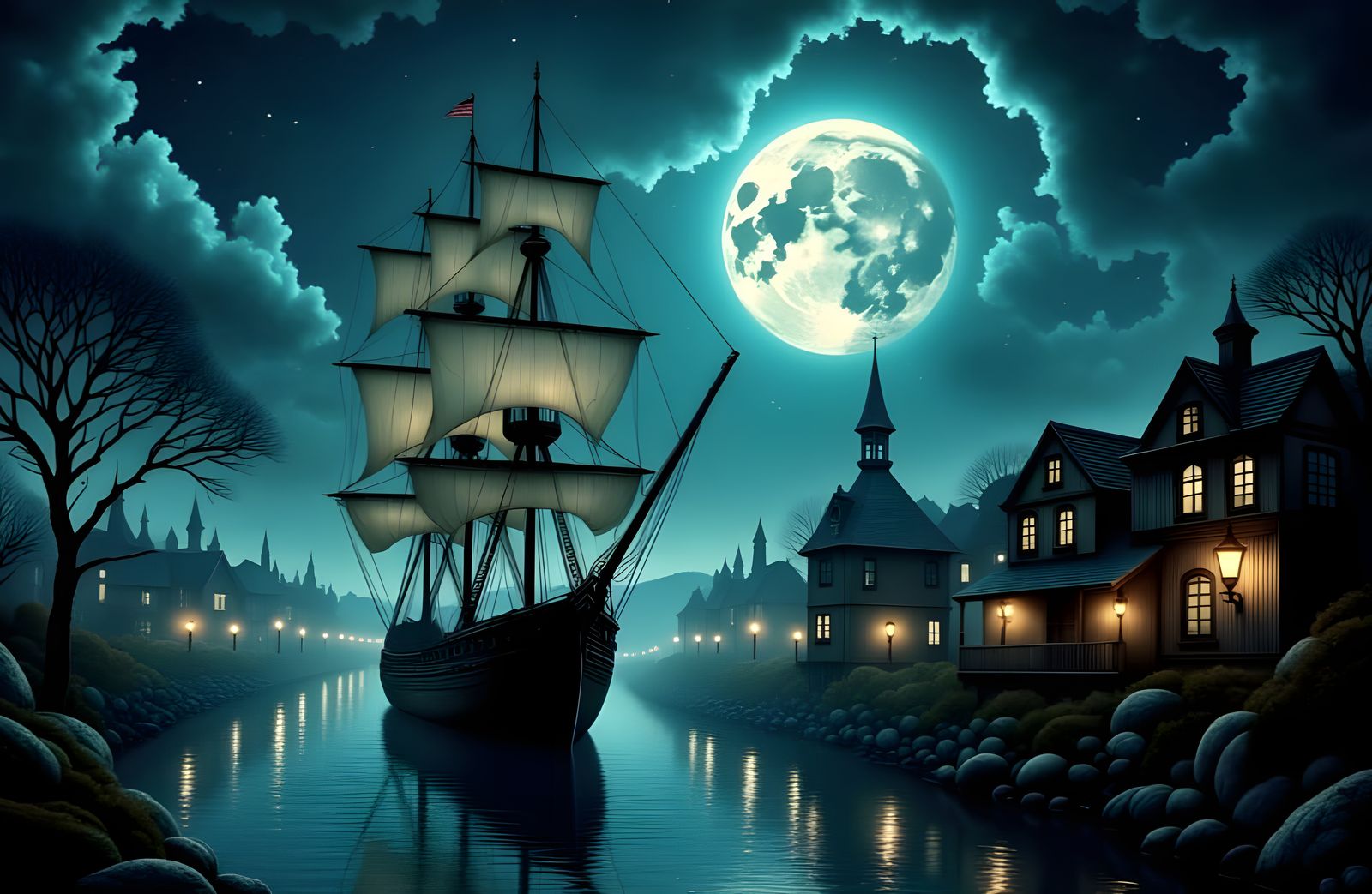 The tall ship sails into the port in the fog under the full moon.