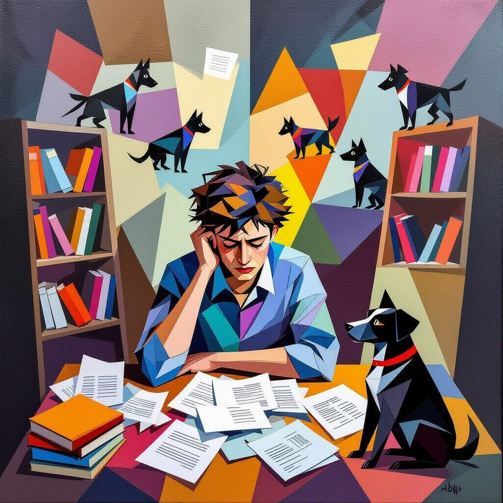 Frustrated Student in Cubist Geometric Space