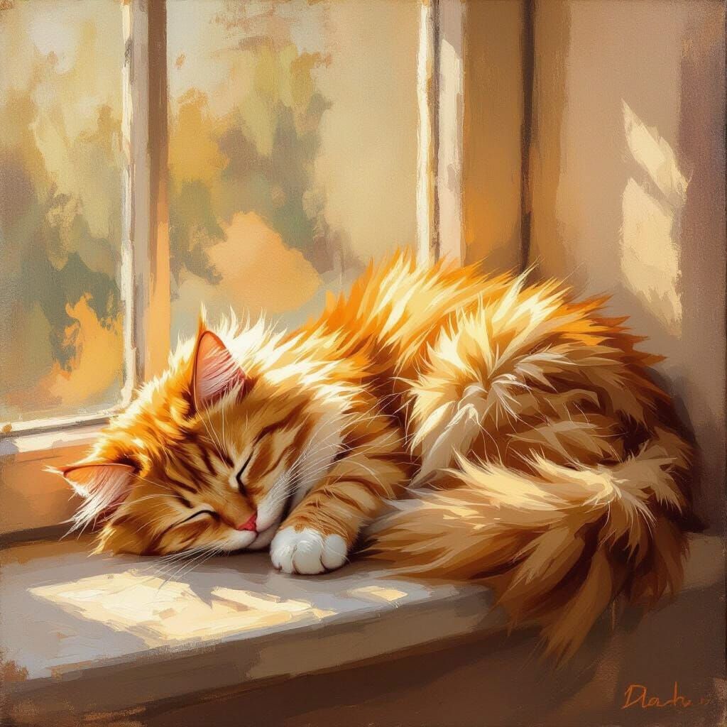 Fluffy Ginger Cat Asleep on Sunlit Windowsill