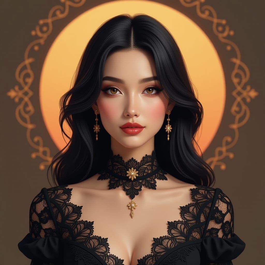 A striking portrait of a woman with black hair, wearing a de...