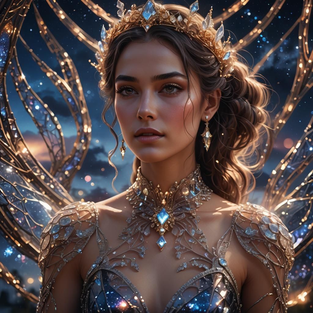 Woman in Glass Dress Against Night Sky