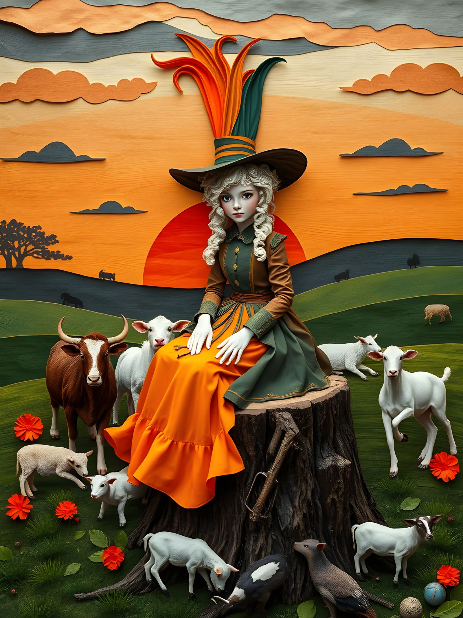 Extravagant Farm Girl on a Stump in Crepe Paper Diorama