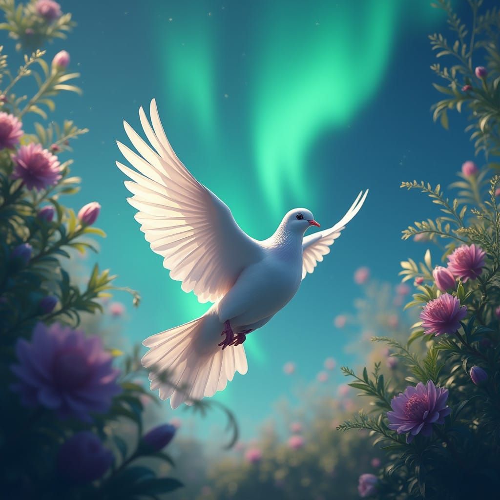 Majestic Peace Dove in Vibrant Foliage, Iridescent Sky