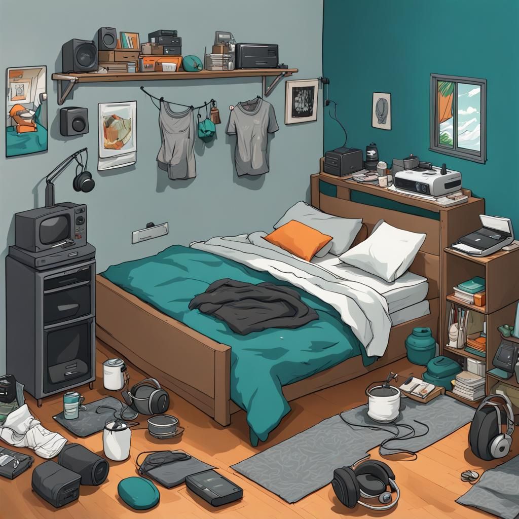 Messy Bedroom in Teal and Gray: Digital Matte Painting