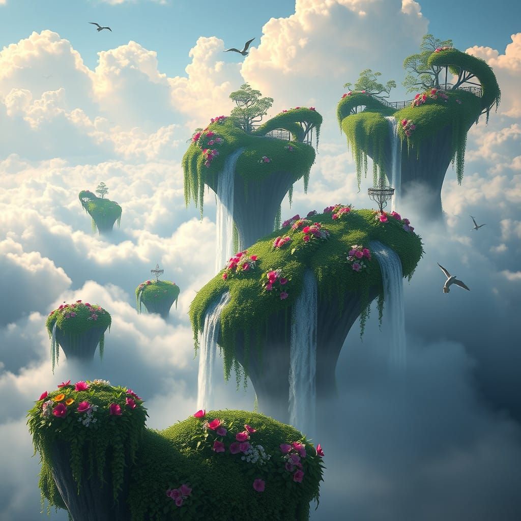 Ethereal Floating Gardens in a Serene Cloudscape