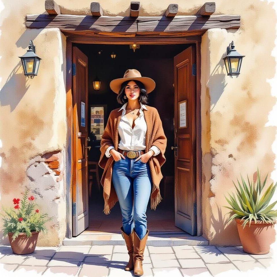 Impressionistic Watercolor of Woman at Adobe Cantina Entranc...