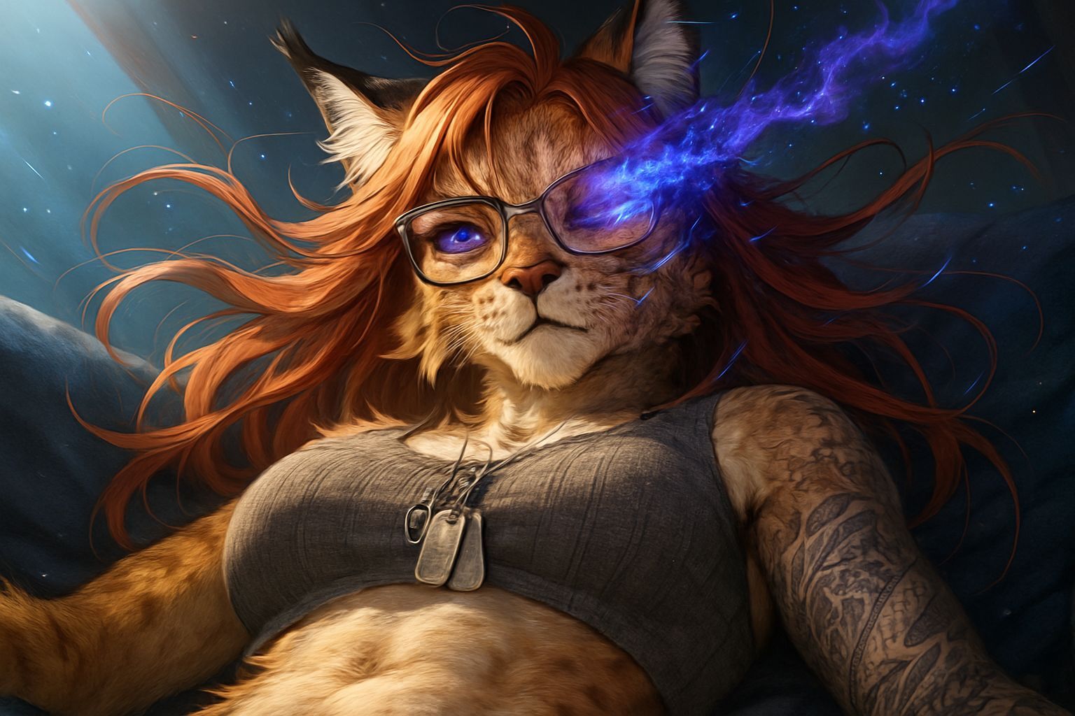 Anime Lynx Woman Belly Macro View with Windblown Hair