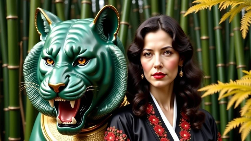 French Woman with Emerald Tiger Sculpture