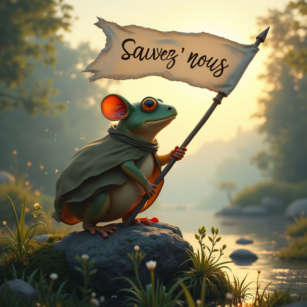 Heroic Frog on Moss Rock in Dreamlike World