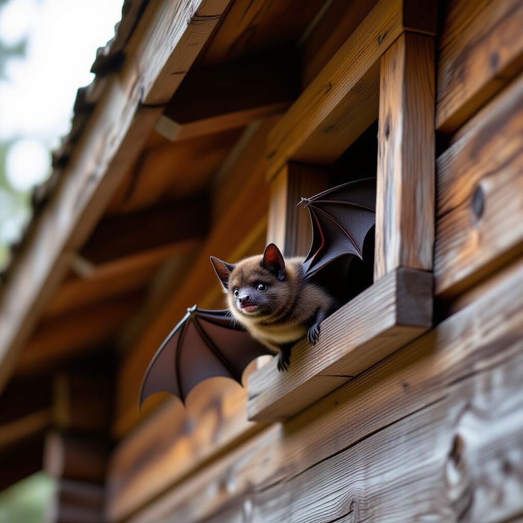 Cute Bat Under Eaves of Spooky Wooden Cabin
