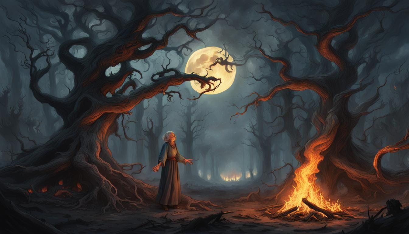 Eerie Bonfire Night Scene in Dark Fantasy Style
