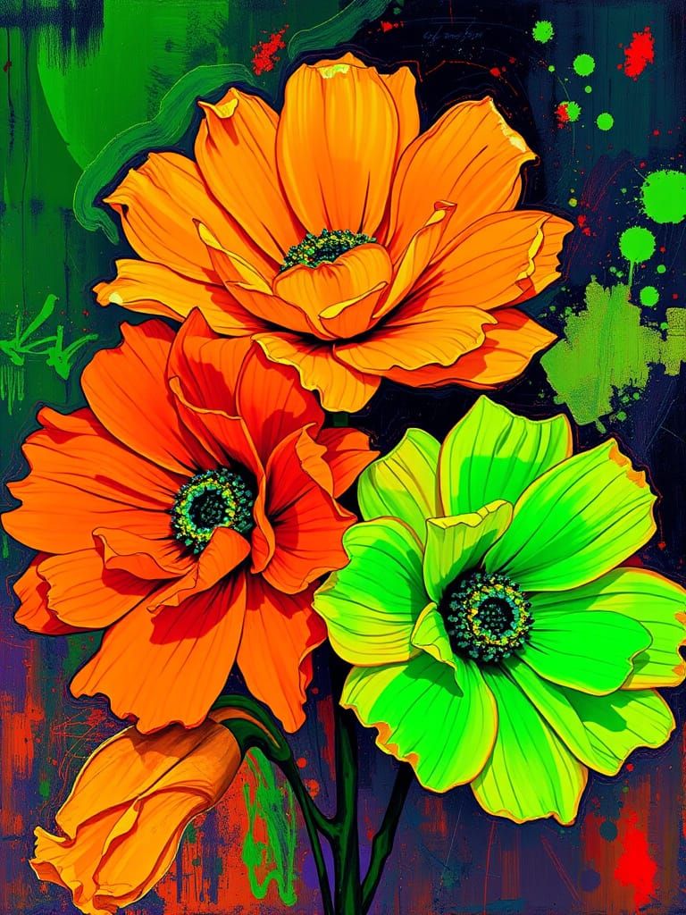 Abstract Neon Flowers in Impasto Style