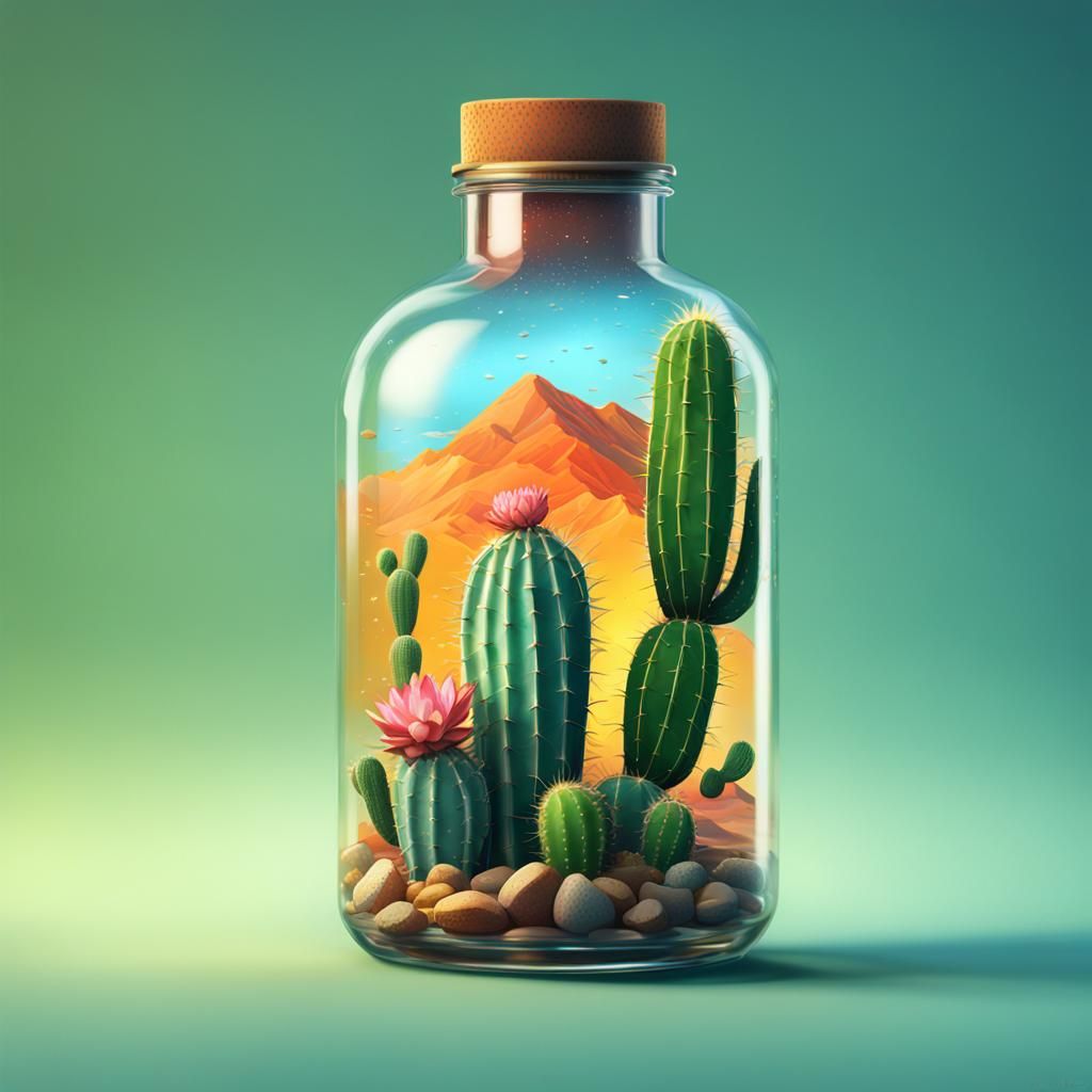 Hyperrealistic Cactus in a Glass Bottle