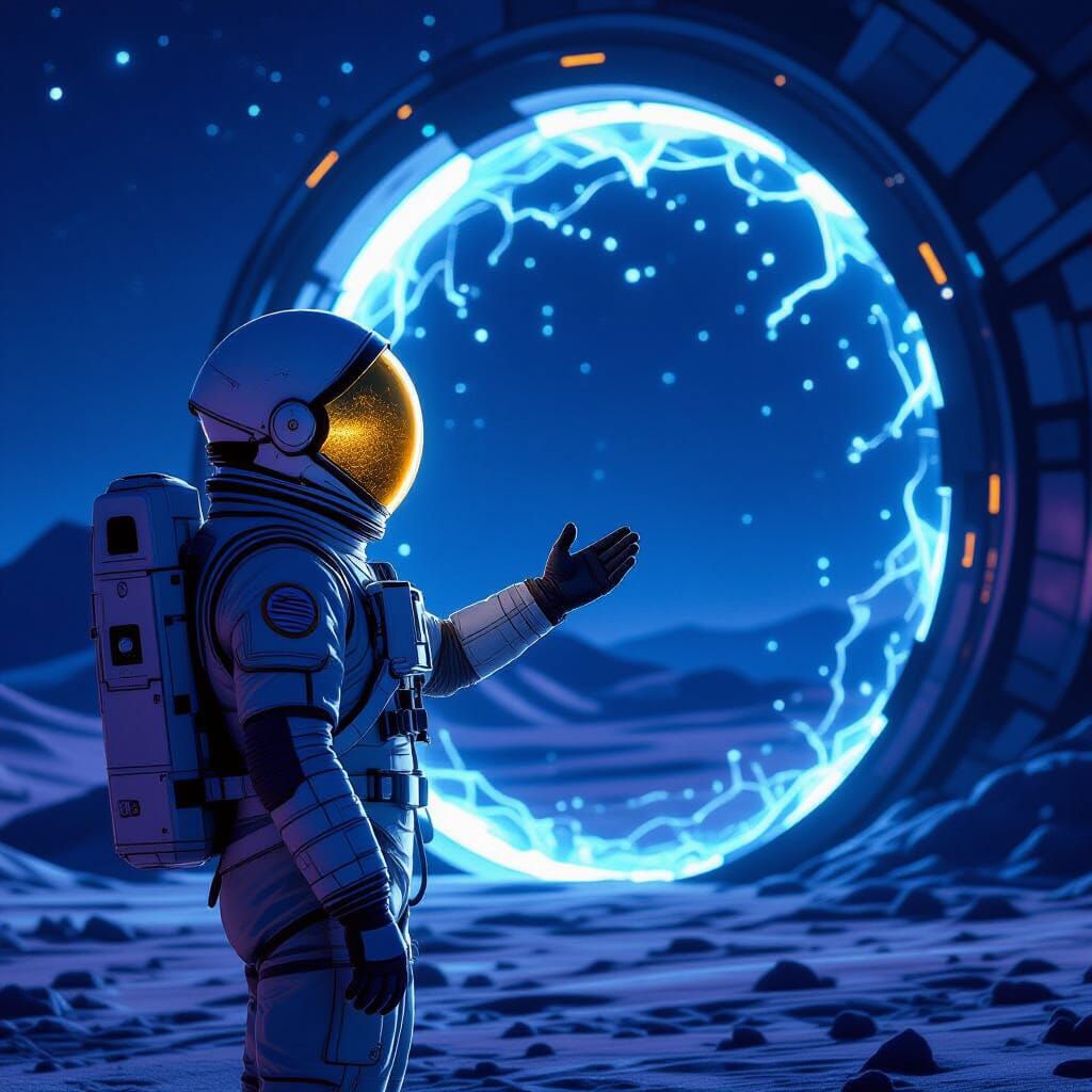 Astronaut and Shimmering Portal on Alien Planet