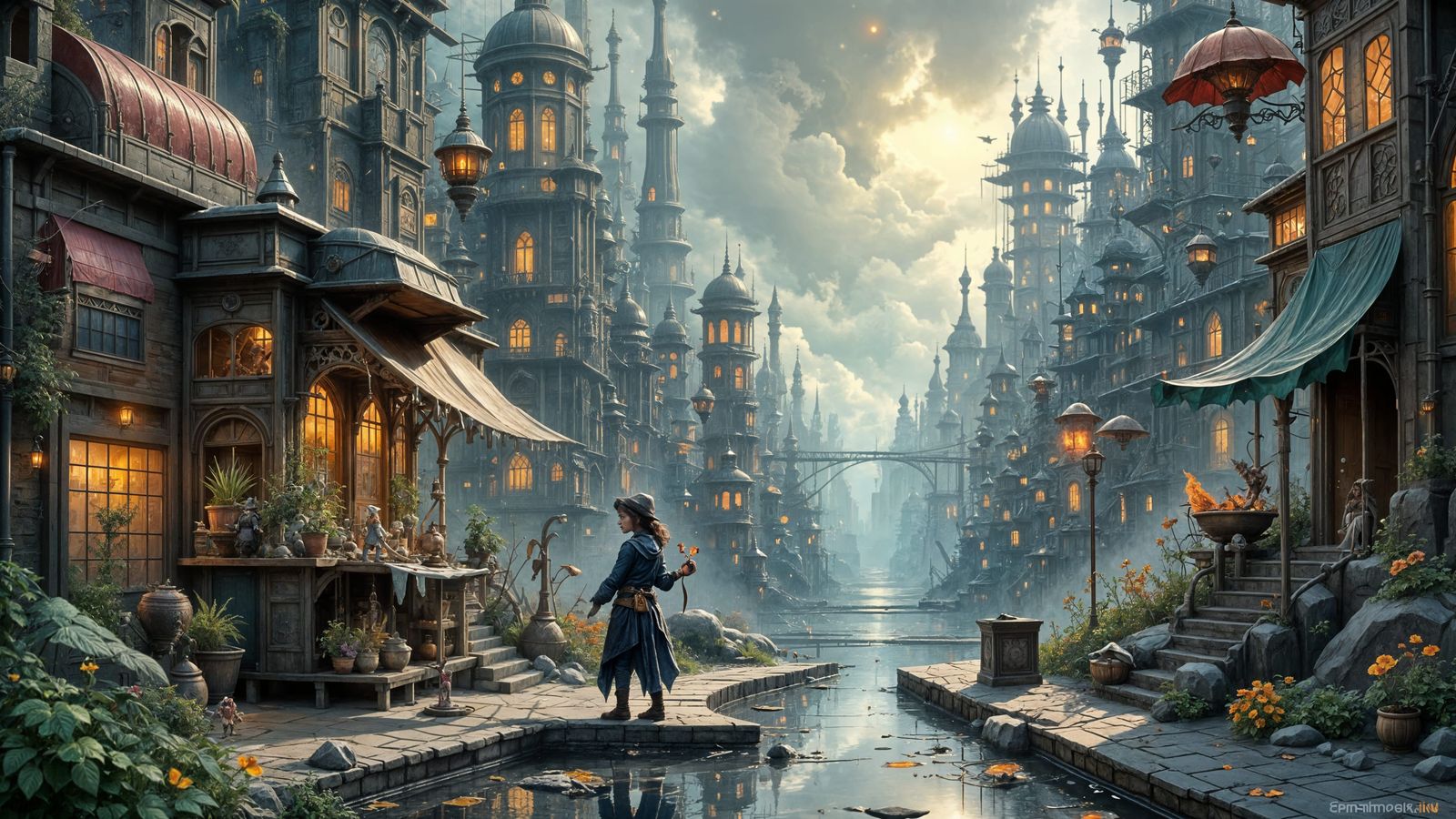 Floating Elf City Above Industrial Slum with Goblin Vendor