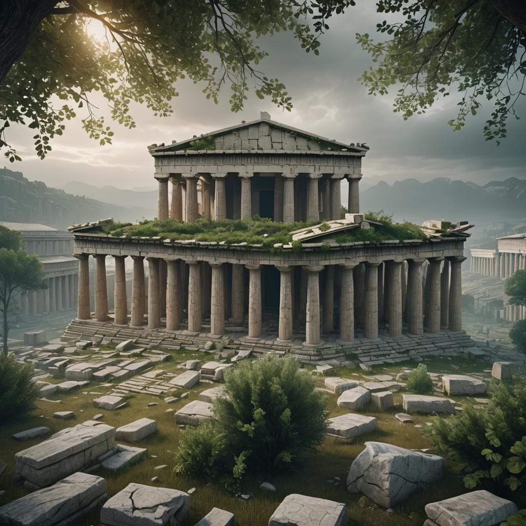 Neoclassical Parthenon in Abandoned Landscape, Photorealisti...
