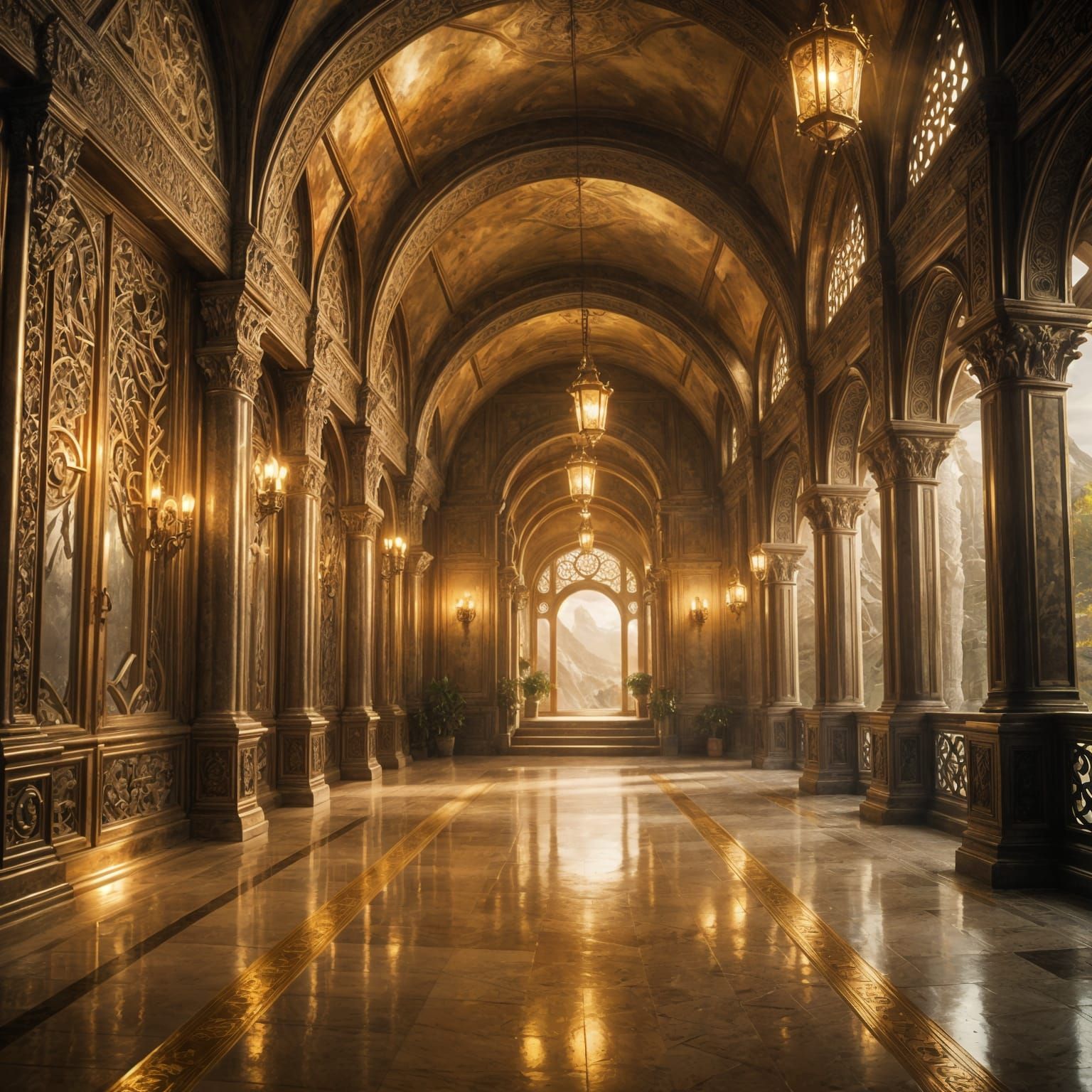 Golden Elven Hallway: Detailed Fantasy Matte Painting