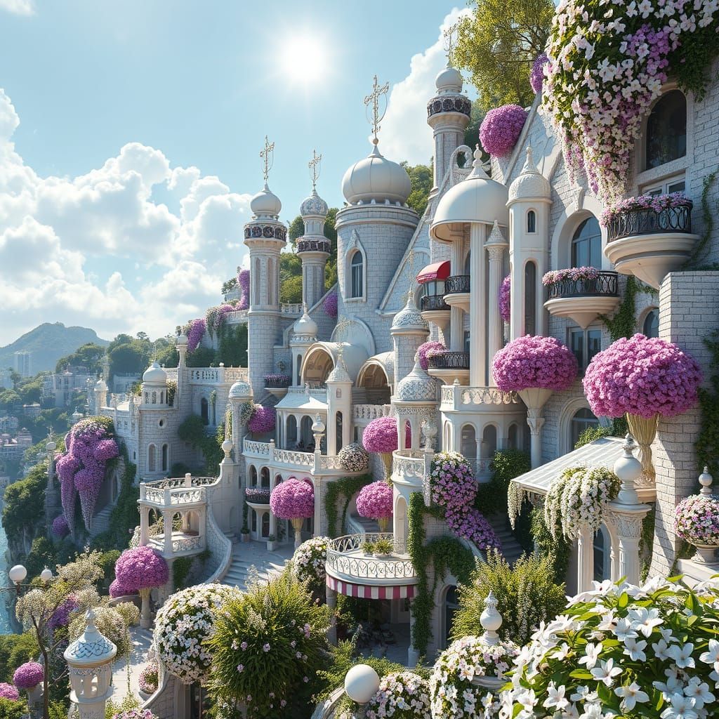 Art Nouveau City with Cascading Flowers