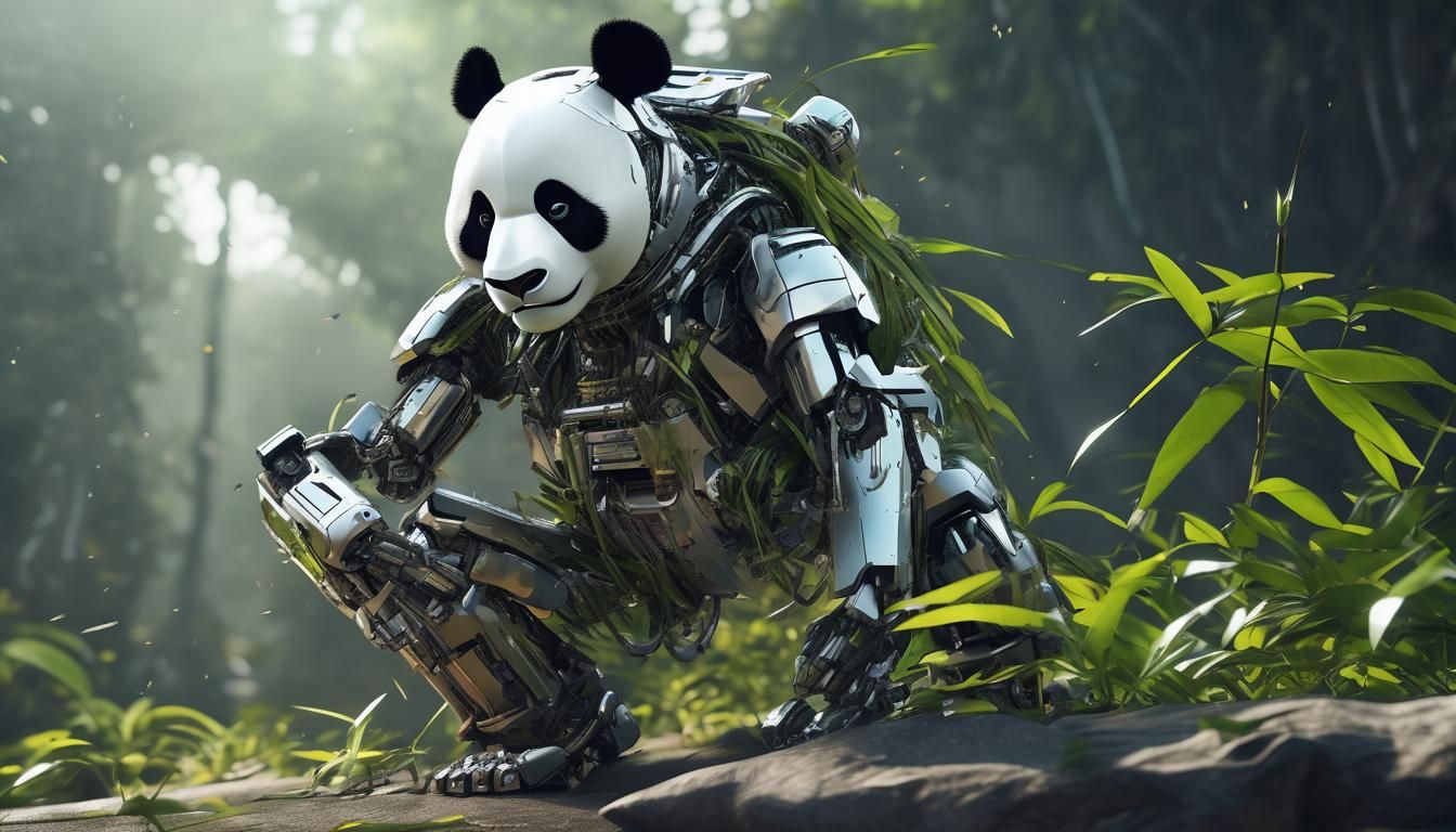 Futuristic Robot Panda Eating Bamboo: Sci-Fi Mech