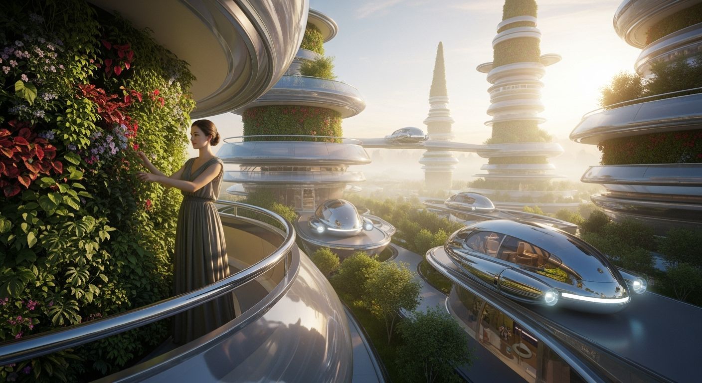 Utopian Frutiger Aero Cityscape with Serene Gardener