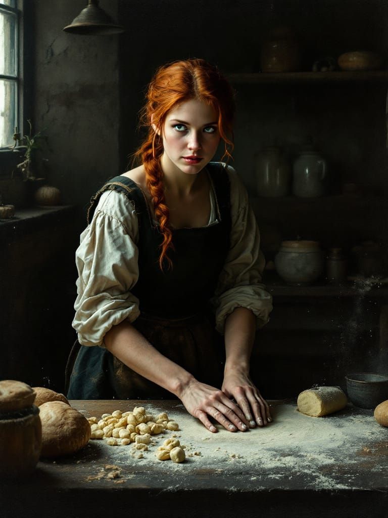 Redhead Baker in Gothic Kitchen
