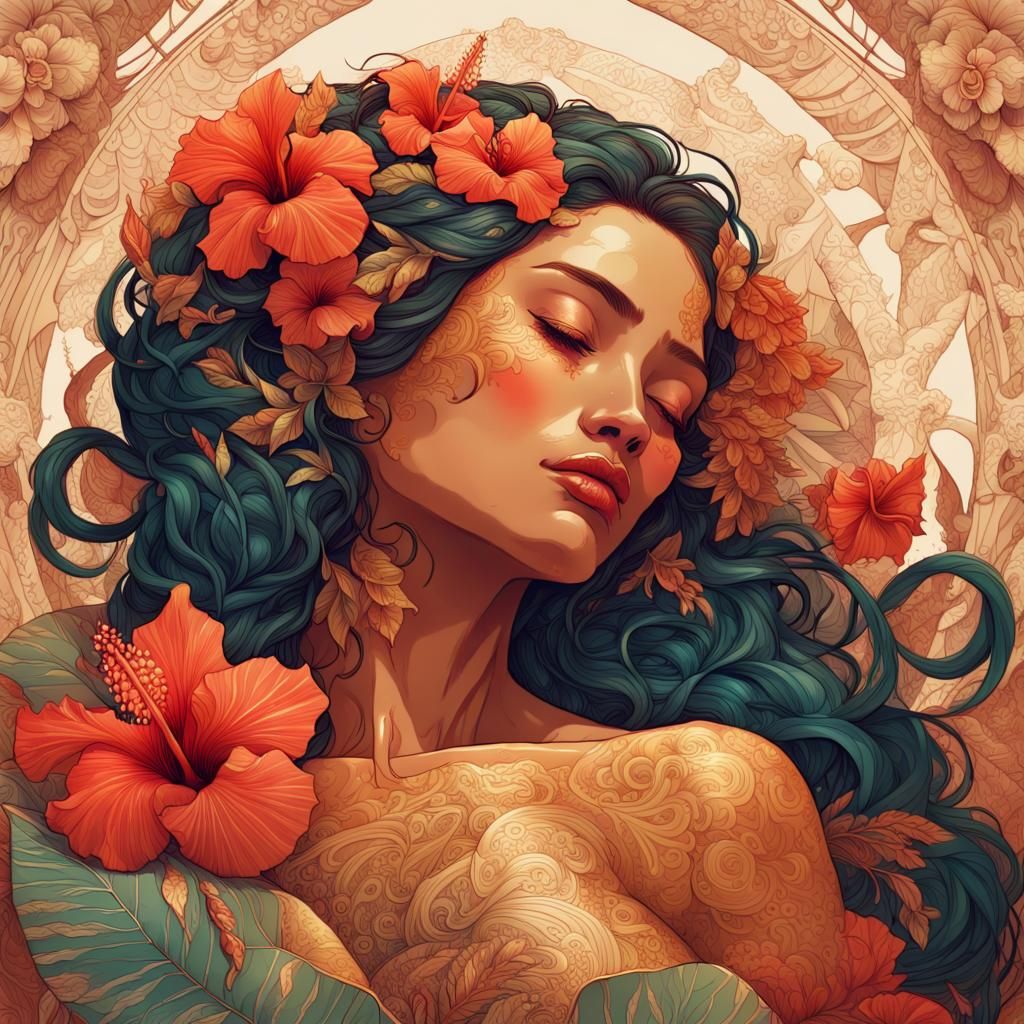 Polynesian Beauty with Hibiscus, Digital Art