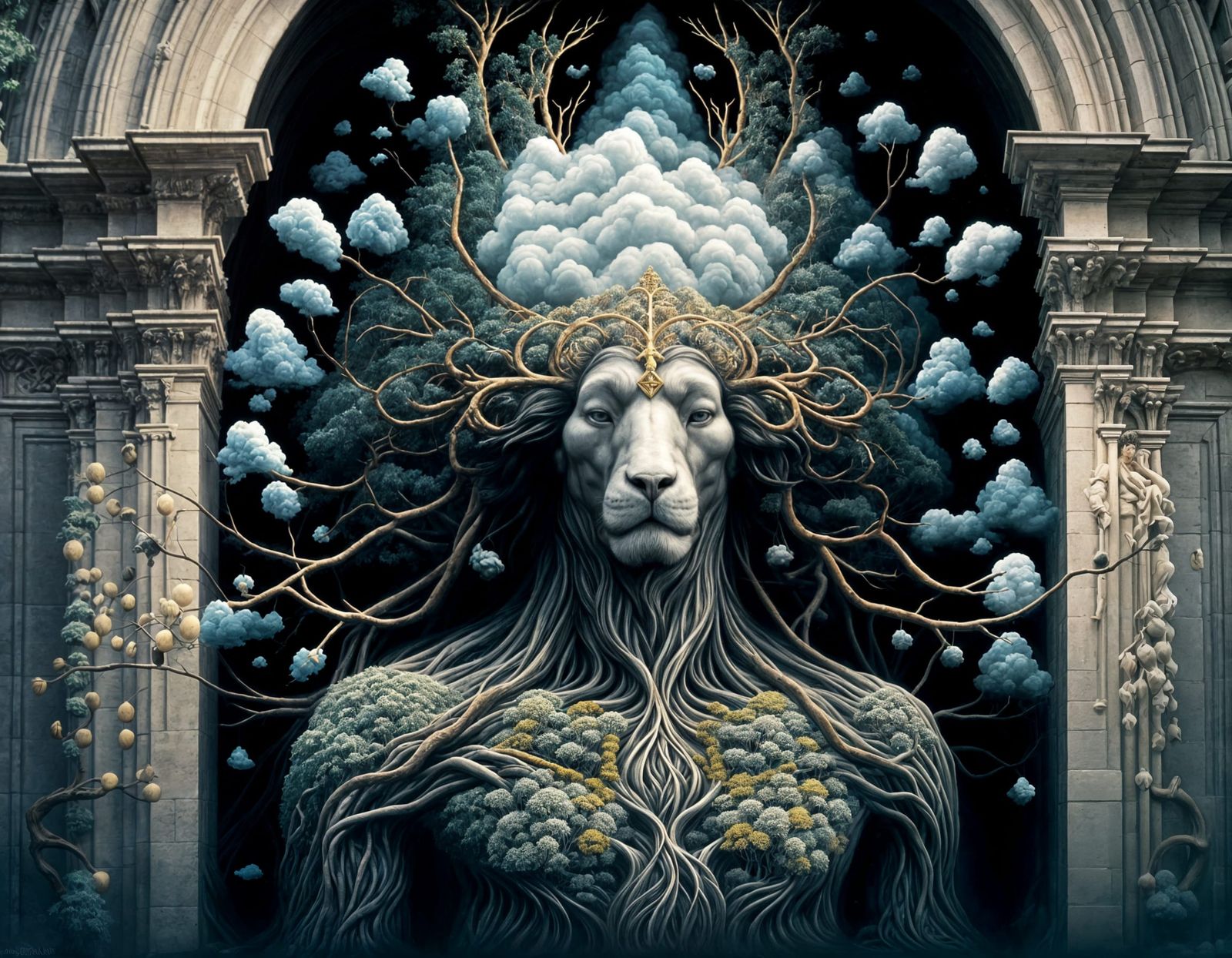 Tree-haired Person in Medieval Cathedral