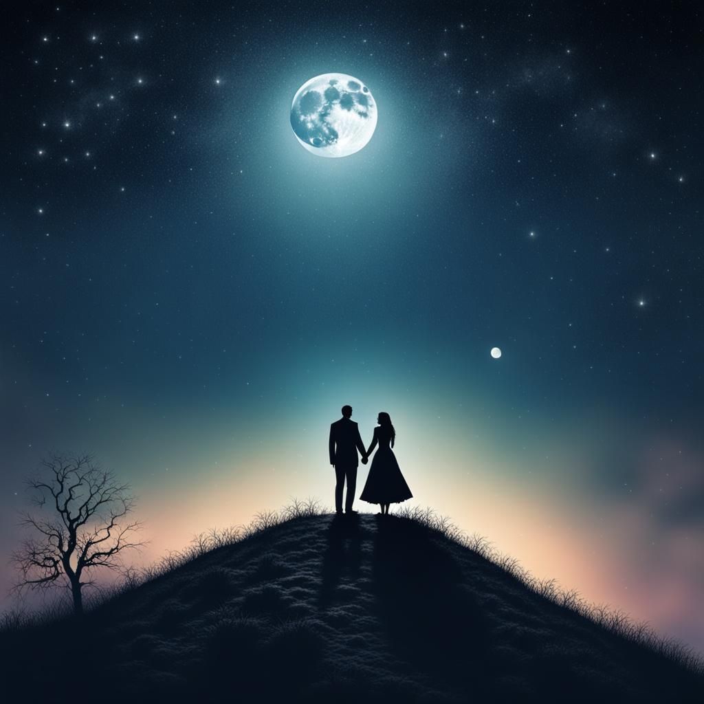 Silhouetted Couple Gazing at Mirrored Moon