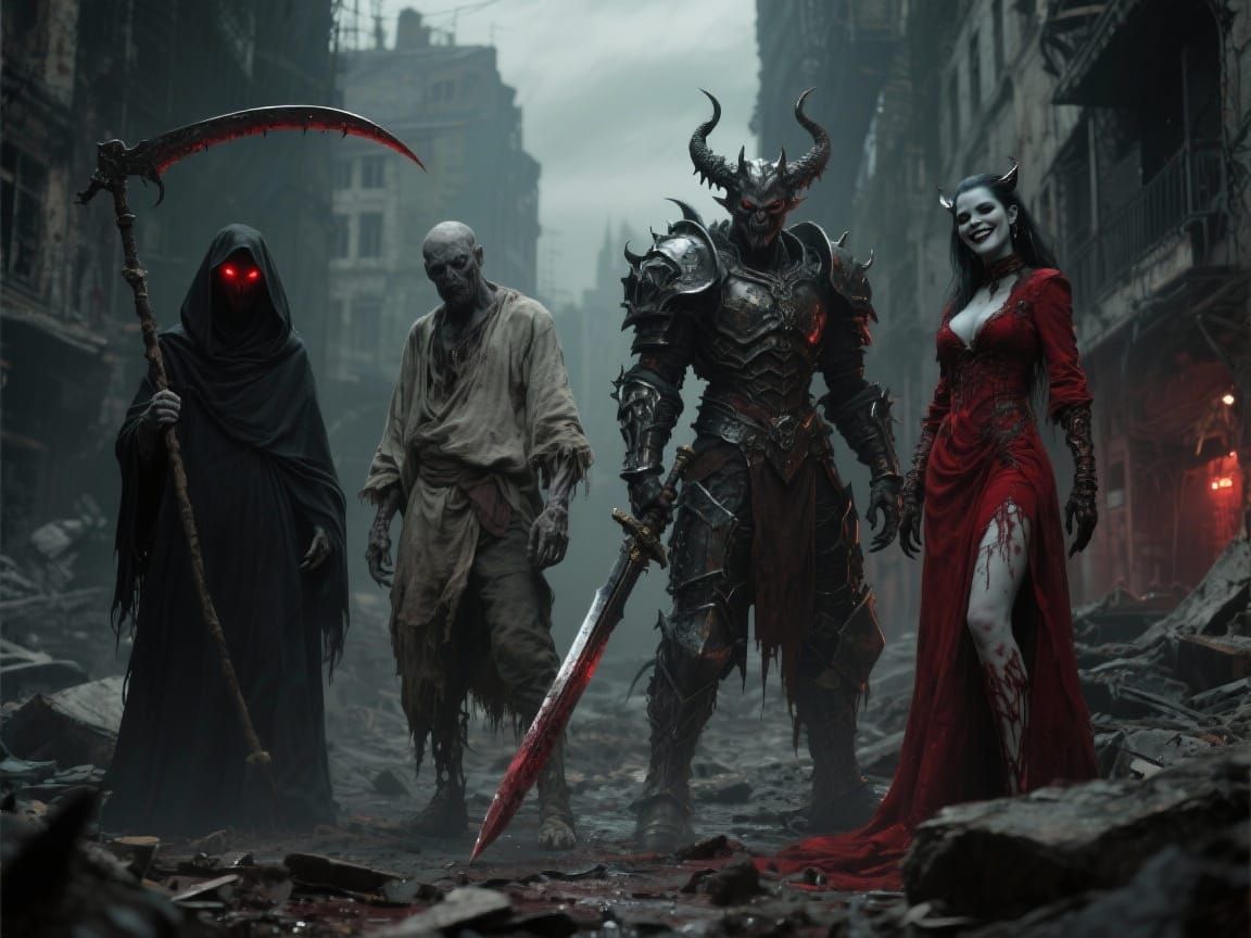 Demonic Beings in Ruined City: Cinematic Gothic Horror