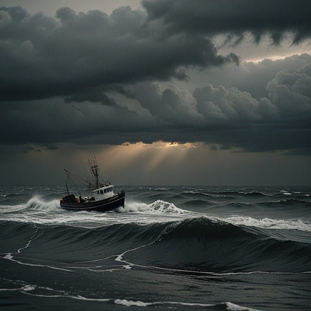 Fishing Boat on Turbulent Ocean, Cinematic Film Still