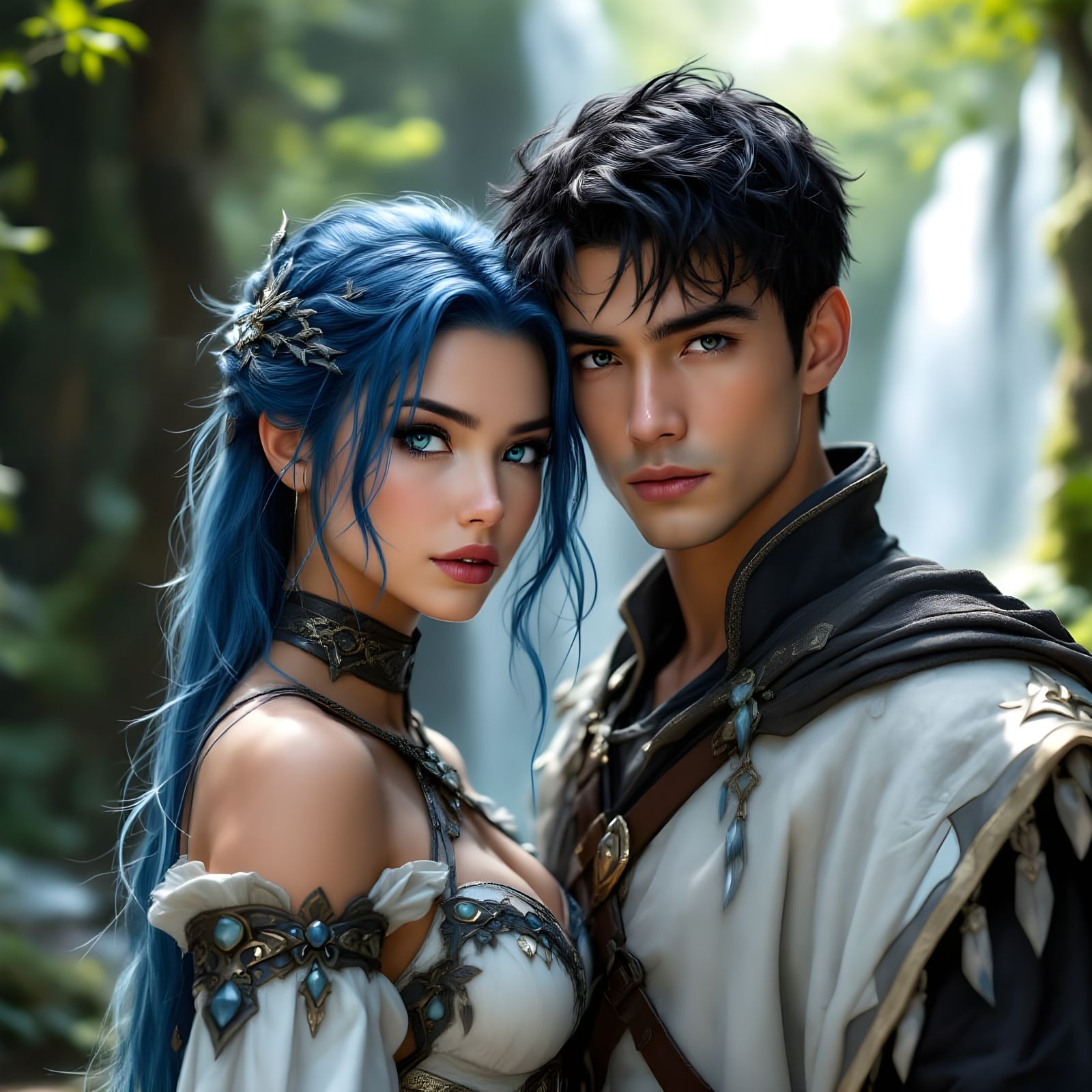 Ethereal Warrior Duo in Sunlit Waterfall Forest