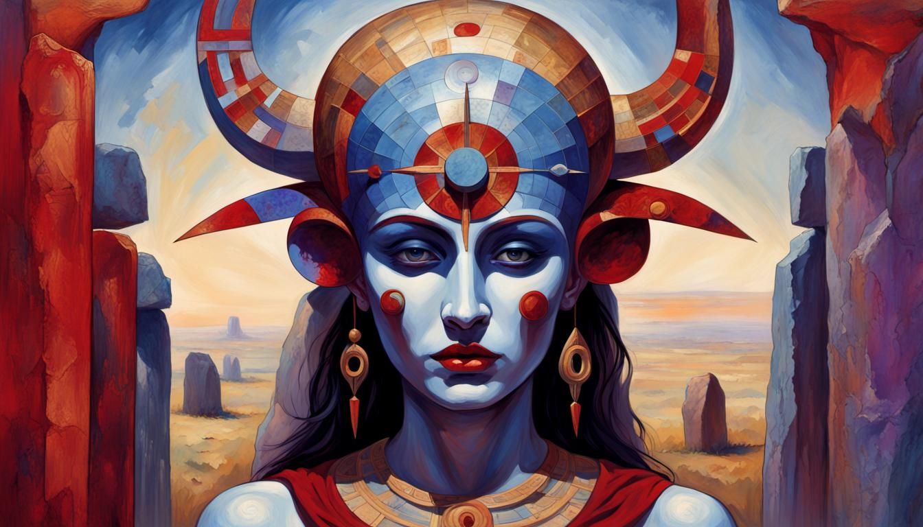 Priestess in Trance with Neolithic Mask in Art Nouveau Style