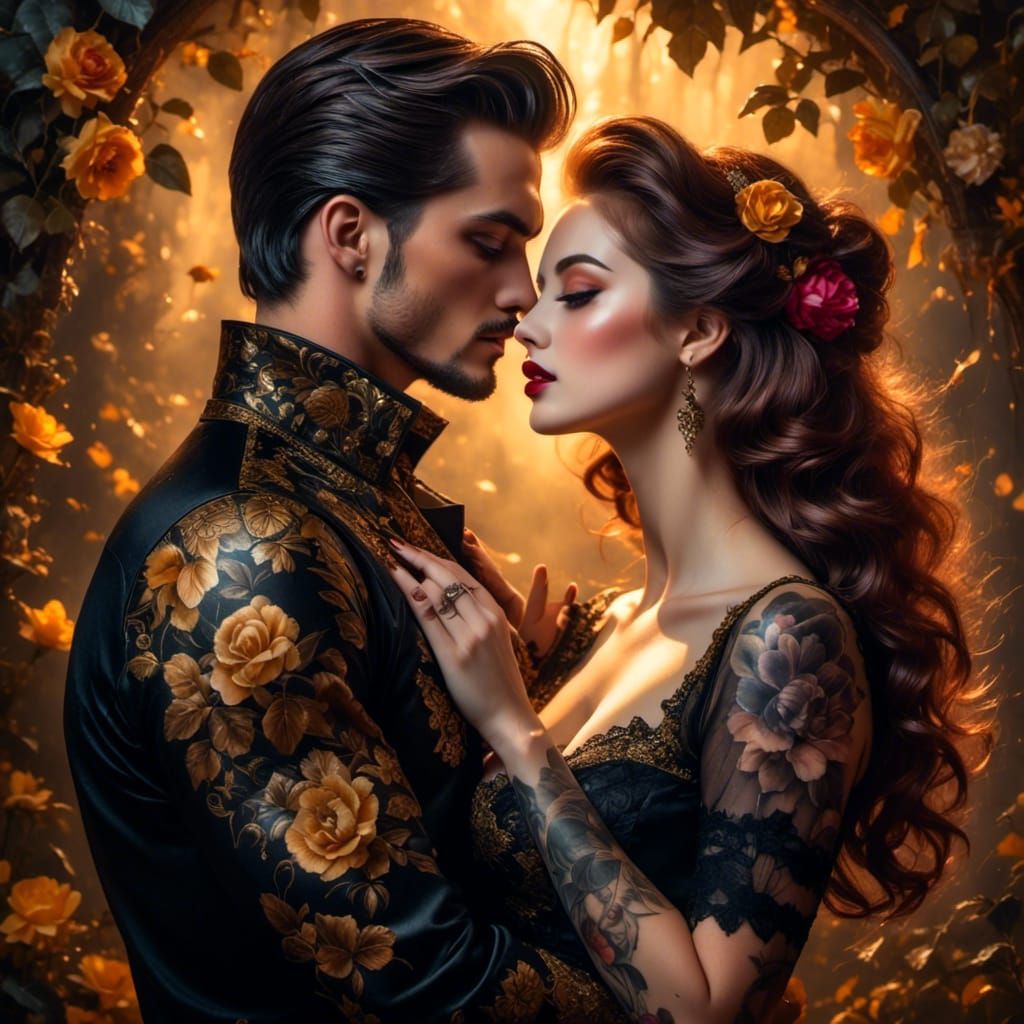 Romantic Fantasy Portrait of Kissing Lovers