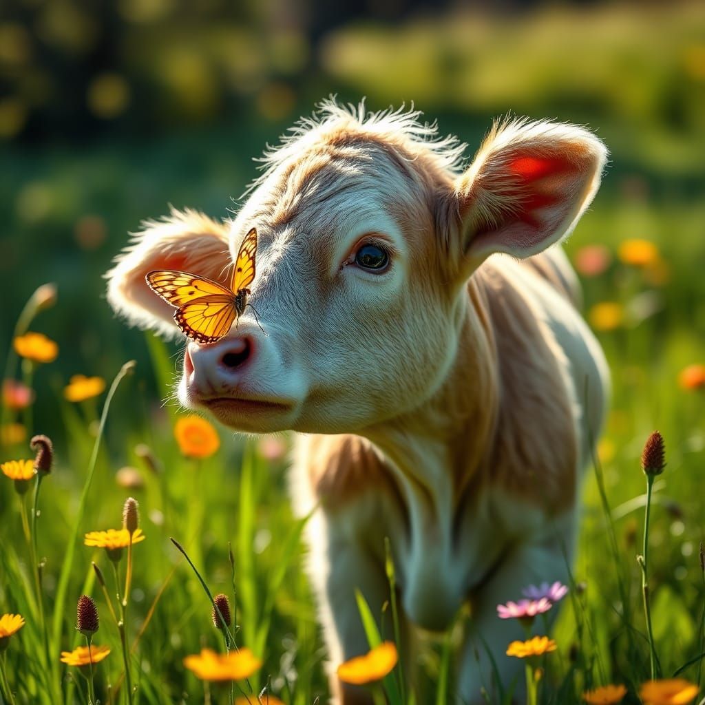 Baby Cow with Butterfly: Hyperrealistic Australian Farm