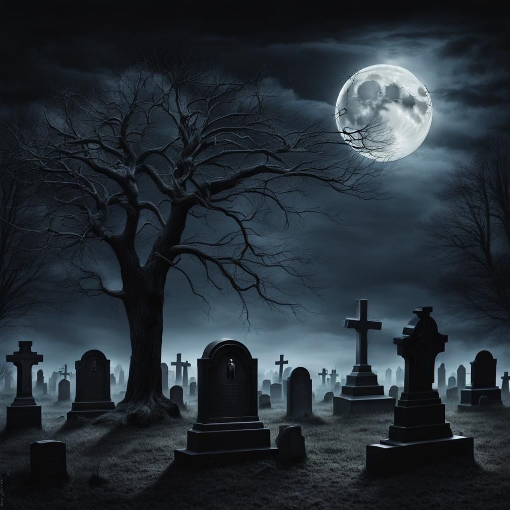 Ghostly Cemetery Scene Under Full Moon