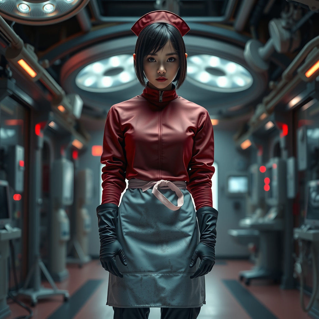 Stern Nurse in Rubber Uniform in Operating Theater