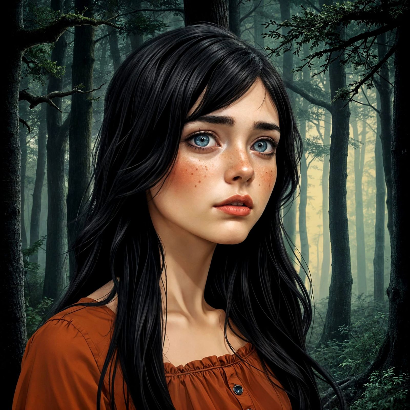 Surreal Anime Portrait of a Lonely Woman in a Dark Forest