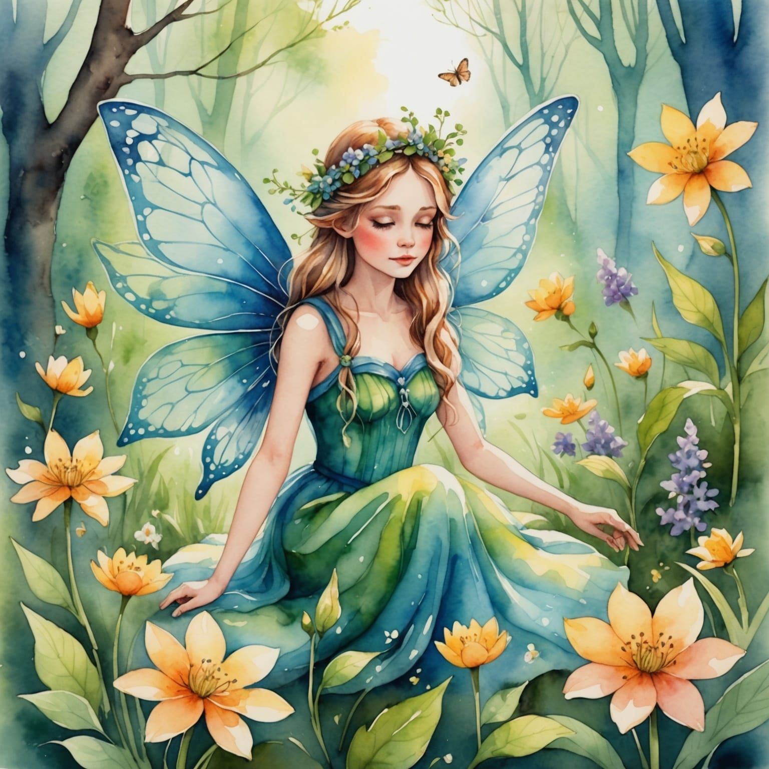 Magical Fairy Wakes Spring in Watercolor Style