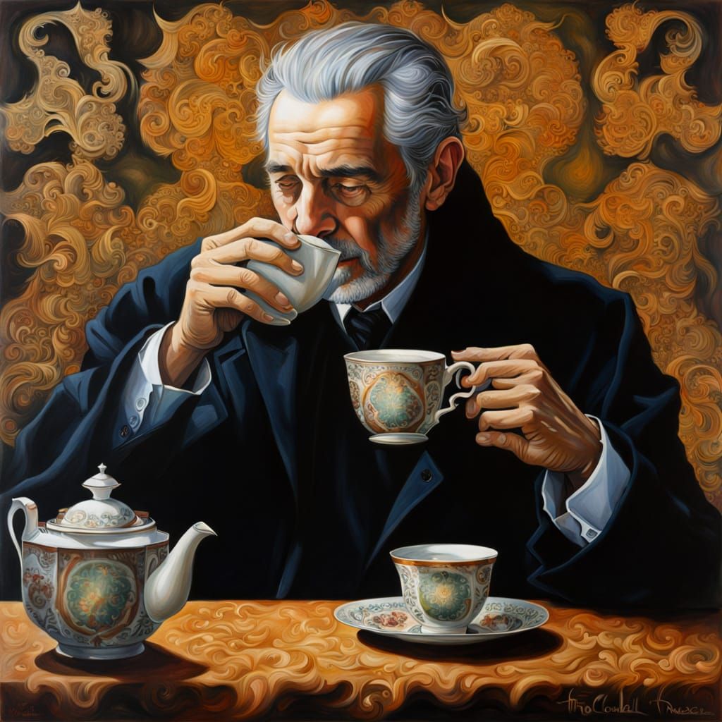 Portrait of a Man in a Black Coat Drinking Tea