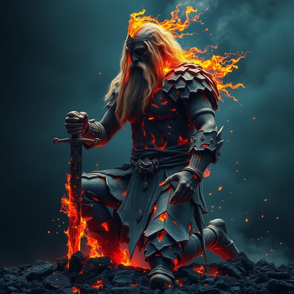 Viking Fire God Disintegrating, Hyperrealistic Digital Art