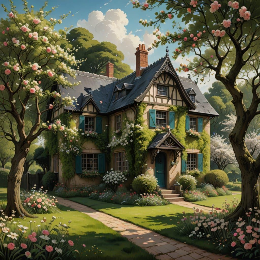 English Cottage in Blossoming Orchard - Fine Art Style