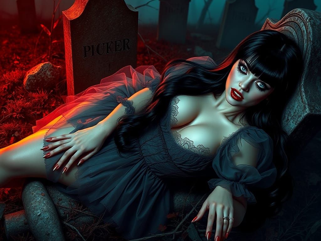Surreal Vampire Basks in Ancient Graveyard