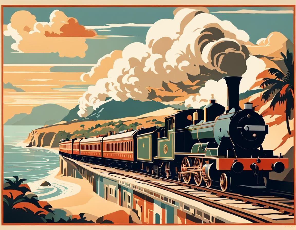 Vintage Travel Poster: Seaside Resort Steam Train